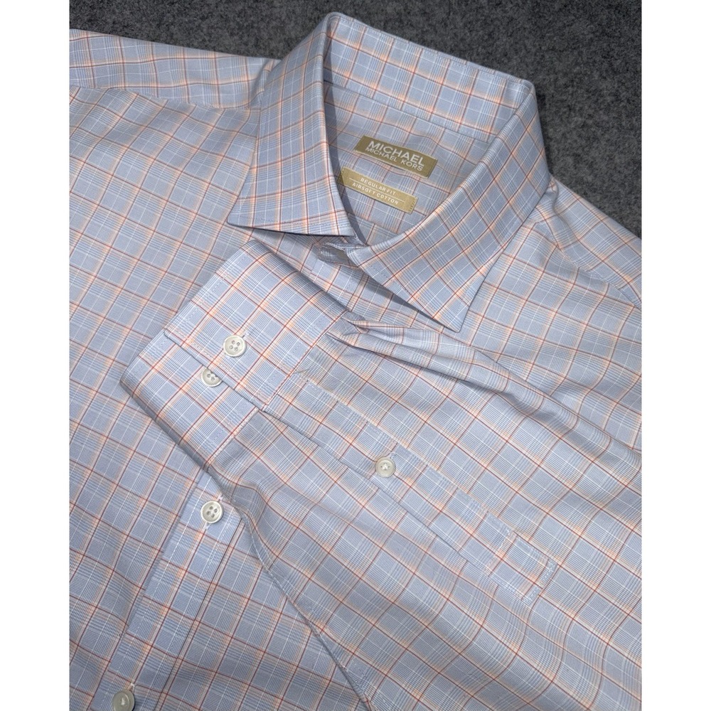 Michael Kors Dress Shirt Mens 17 32/33 Blue Regular Fit Airsoft Plaid Formal